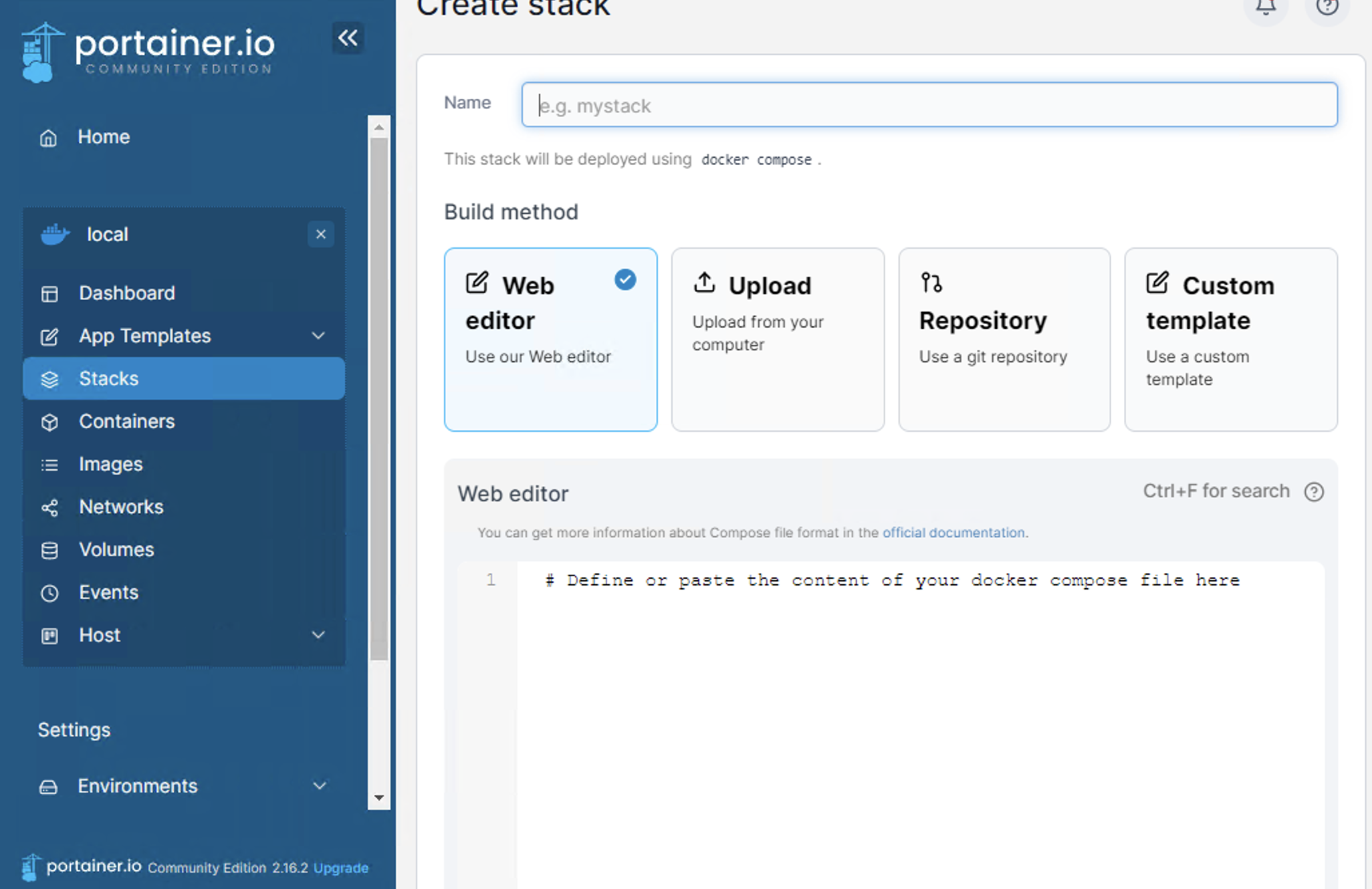 Protainer create a stack screen